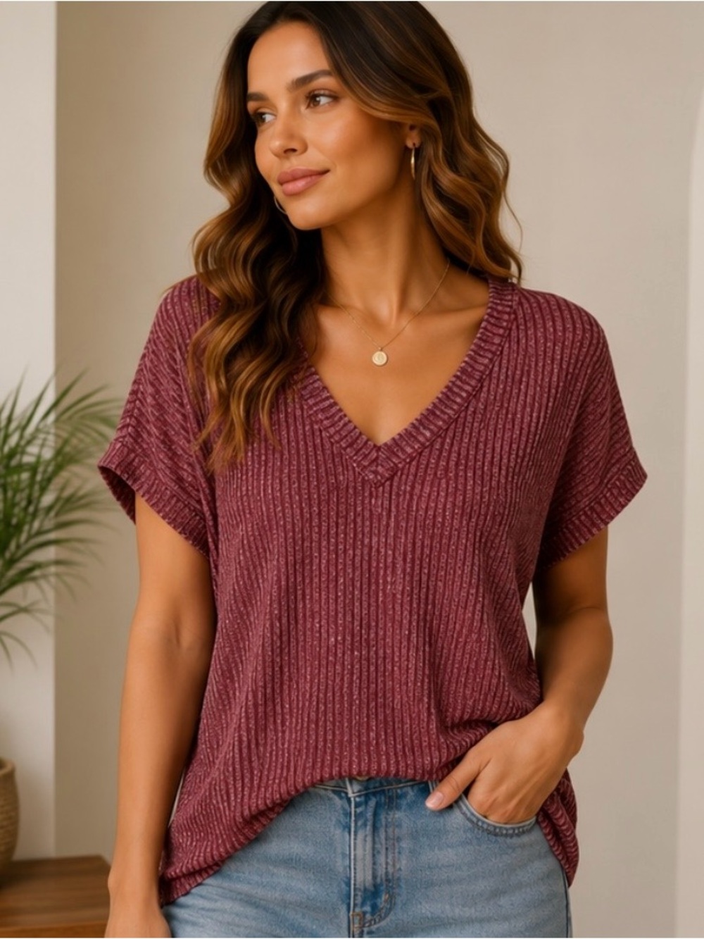 Perch by Blu Pepper 1X Ribbed V Neck Knit Top Mauve Rose Relaxed